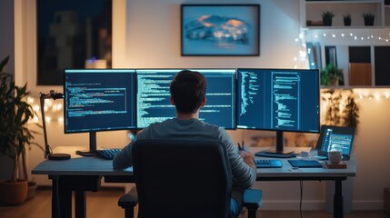 Remote work productivity, focused individual working in a minimalist home office with multiple screens