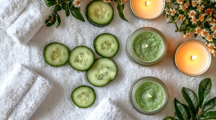 Cucumber Slices  Green Candles  and White Towels for Spa Relaxation