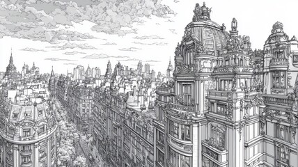 Fototapeta premium Art Nouveau Style city with ornate facades and flowing lines.