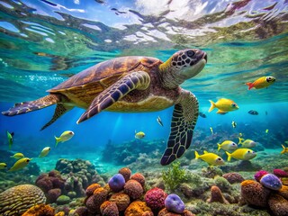 Obraz premium A serene Hawaiian sea turtle swims gracefully near coral reef in crystal-clear turquoise waters, surrounded by schools