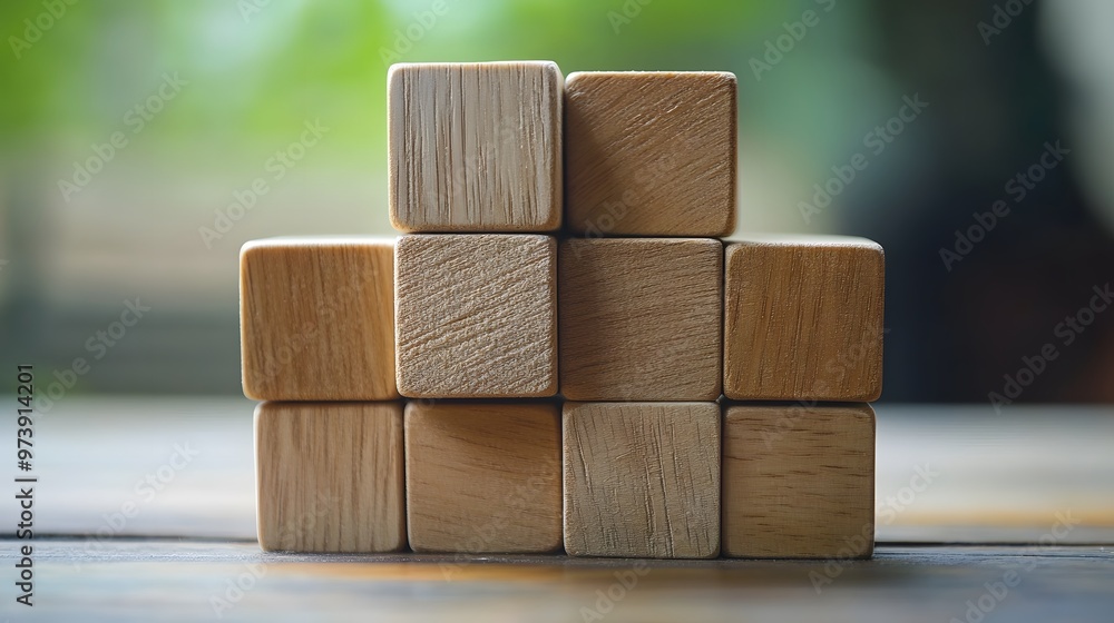Poster stack of nine wooden blocks arranged in a pyramid shape