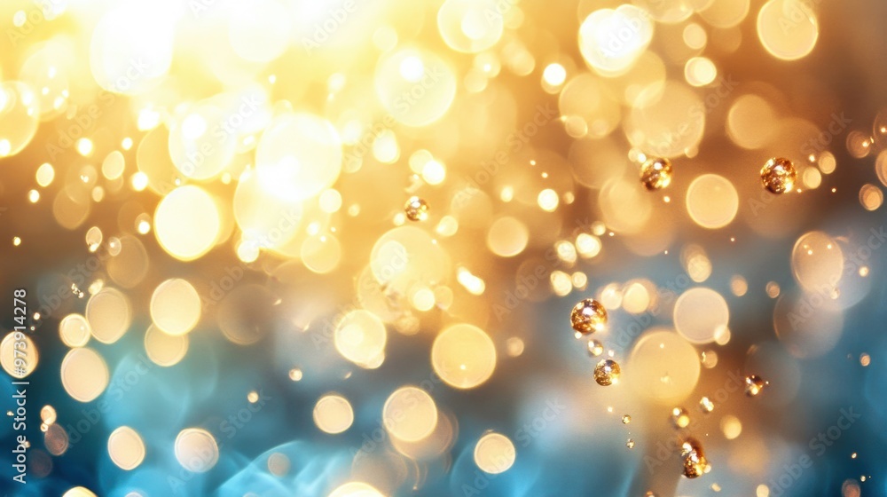 Poster golden bubbles float gracefully amidst a soothing blue light, creating a mesmerizing abstract displa