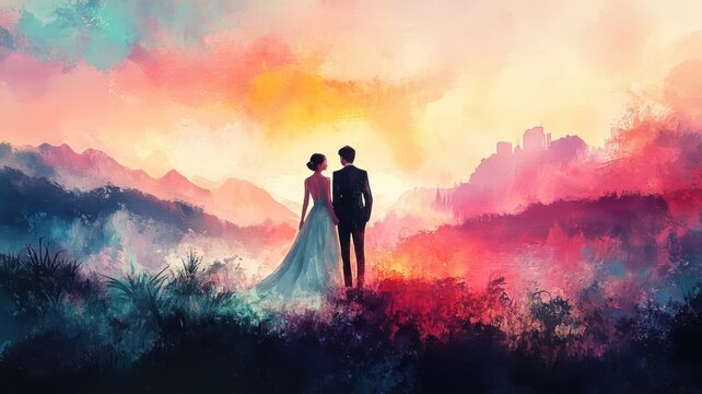 Wedding in watercolor style, soft gradients, vivid hues, romantic details, atmospheric effect, artistic flair.