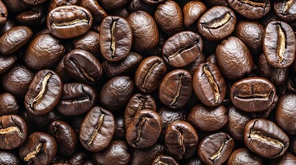 A close-up view of rich, roasted coffee beans, showcasing their glossy texture and unique shapes, perfect for coffee enthusiasts.