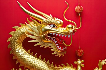 Fototapeta premium Golden Chinese Dragon on Red Background for Cultural Festival Celebration