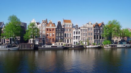 Fototapeta premium Colorful canal houses line the waterfront in Amsterdam, Netherlands, with boats moored alongside.
