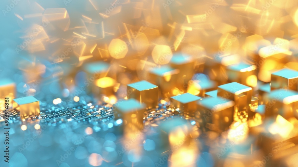 Poster golden cubes glitter and reflect light in an abstract design, creating a mesmerizing pattern with de