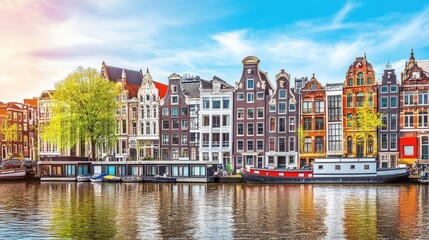 Naklejka premium Colorful canal houses line the water's edge in Amsterdam, Netherlands, with a blue sky, sun and trees in the background.