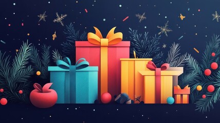 Gift illustrated in flat design style with bold shapes, clean lines, and a minimalist approach to ribbons and packaging.