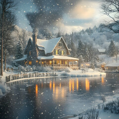 Obraz premium House Near Lake in Snow