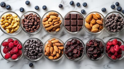 Obraz premium Healthy Snack Food Assortment Almonds Chocolate Chips Dried Fruit Berries in Bowls