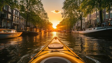 Urban kayaking tours through the city canals at sunset