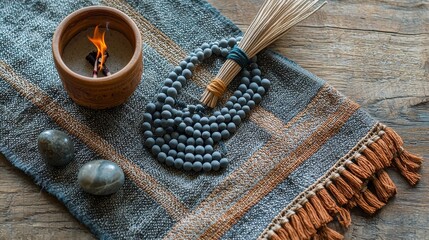 Meditation and Relaxation with Incense  Mala Beads  and Stones