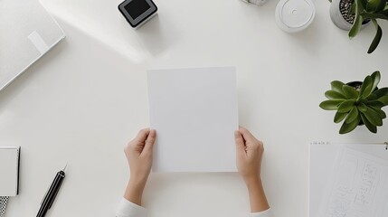 Obraz premium Hands holding a blank white sheet of paper on a white desk with office supplies and plants around.
