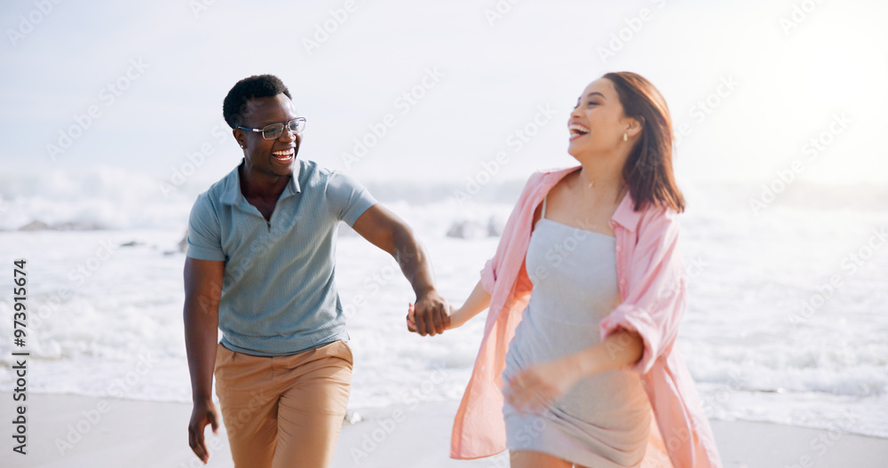 Poster Laugh, holding hands and happy with interracial couple at beach for travel destination, summer and honeymoon vacation. Relax, tropical and adventure with man and woman for holiday, bonding or romance