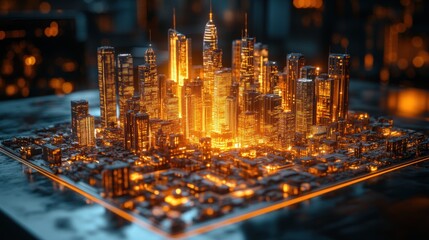 A glowing cityscape model showcasing futuristic architecture.