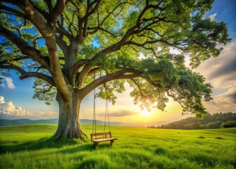 A serene oak tree stands tall amidst a lush green meadow, its sturdy branch supporting a rustic wooden