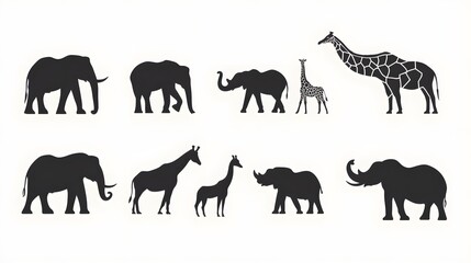 Black Silhouettes of Elephants, Giraffes, and a Rhinoceros