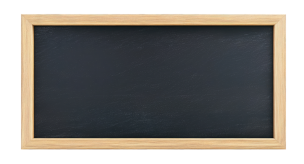 Horizontal blank black chalkboard with wooden frame isolated on transparent background