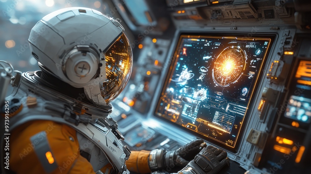 Poster astronaut operating a high-tech control panel in space.