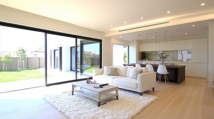 Fototapeta premium Modern Living Room Interior Design with White Sofa Wooden Floor and Large Windows