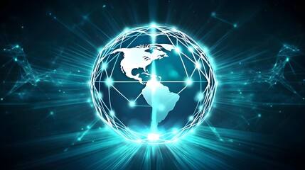 A digital globe illuminated by blue light, representing global connectivity and technology in a vibrant and futuristic style.