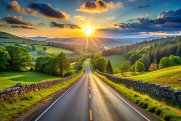 Fototapeta premium A serene, sun-drenched asphalt highway stretches into the horizon, flanked by rolling hills, verdant forests, and