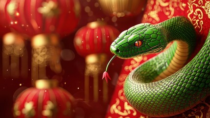 Fototapeta premium Green Snake with Red Chinese Lanterns Chinese New Year Symbol