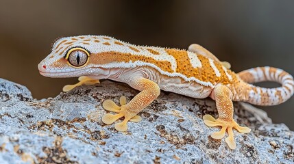 Obraz premium Closeup of a Yellow and White Striped Gecko on a Rock