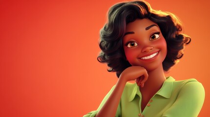 3D character close up portrait of a joyful black woman in a pastel green blouse, resting her chin on one hand with a bright smile, on a coral gradient backdrop, copy space, cartoon style