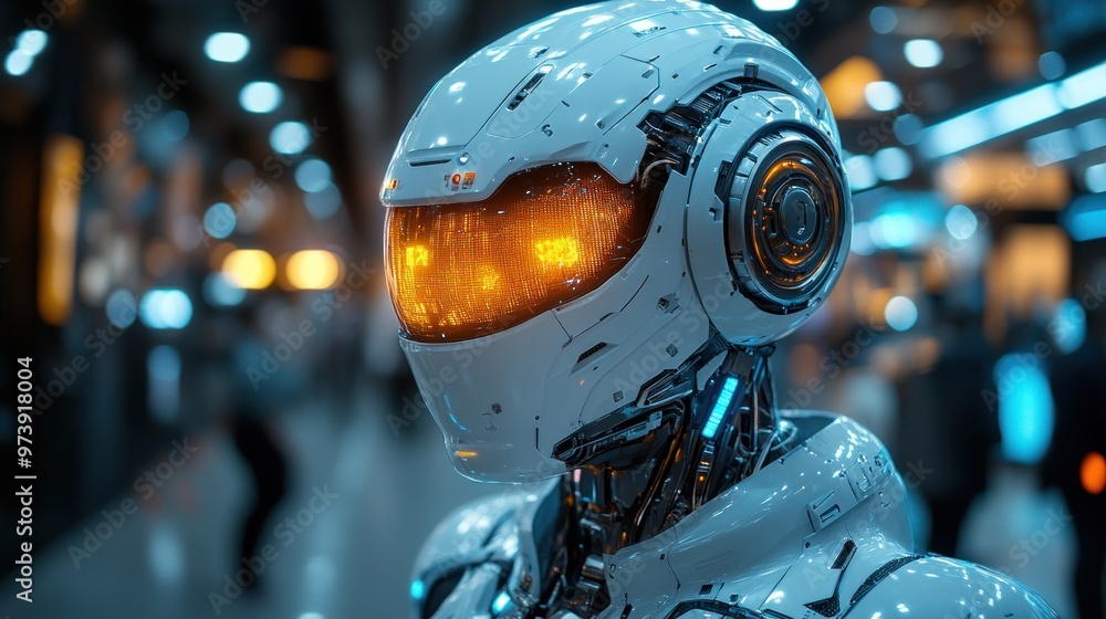 Poster futuristic robot with glowing visor in a modern environment.
