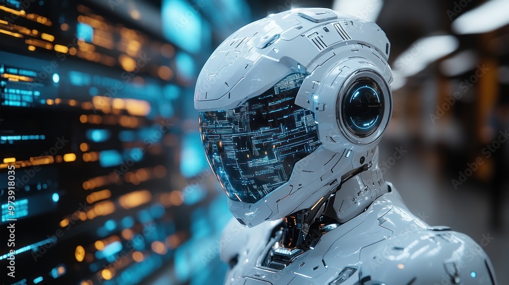 Poster futuristic humanoid robot with a digital interface background.