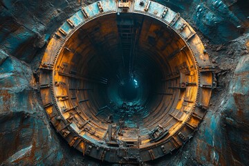 Obraz premium Tunnel Entrance Industrial Interior Rusty Metal Construction Underground Dark Light At The End