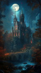Fototapeta premium Gothic Haunted Castle Illuminated Under Full Moon in Dark Forest with Mysterious Fog and Bats Flying, Spooky Scenery Perfect for Halloween Themes