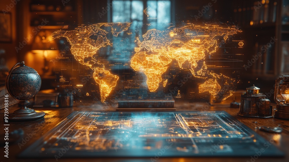 Poster a glowing world map displayed on a desk in a study.