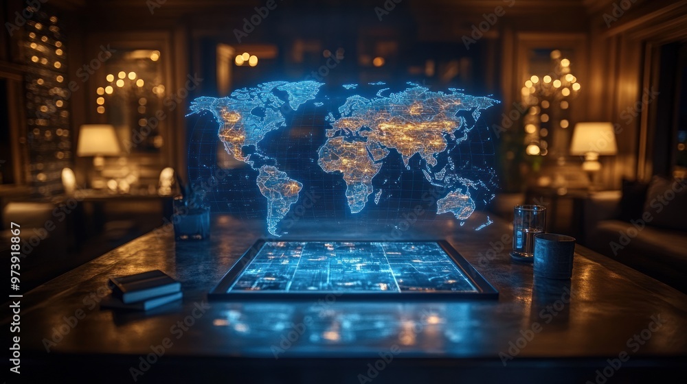 Poster holographic world map displayed on a table in a cozy setting.