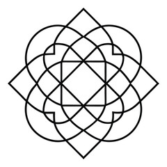 A geometric ornament design with interlocking squares and circles creates a balanced pattern.