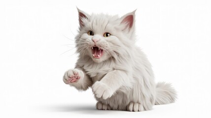 Playful White Kitten with Open Mouth and Paw Up