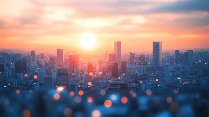 Stunning cityscape skyline at sunset, with golden hour light illuminating the city.