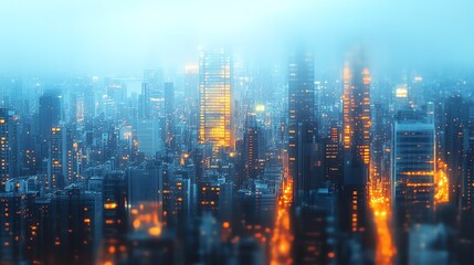 Obraz premium A misty city skyline at night, with glowing lights illuminating the tall buildings.