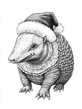 recommend clip art: Black and white Vintage engraved art of a full-body armadillo wearing a Christmas Santa hat, isolated on white background, ink sketch illustration, simple vector art design, highly detailed line art