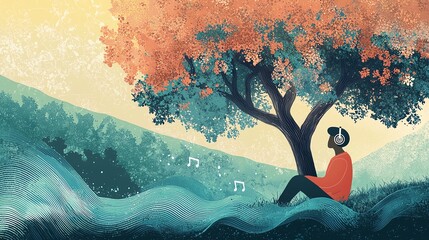 Person with headphones sits under a tree in a serene landscape. Music notes float around creating a peaceful atmosphere. Digital illustration.