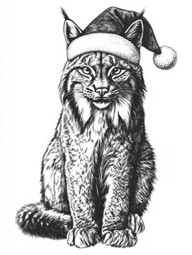 recommend clip art: Black and white Vintage engraved art of a full-body lynx wearing a Christmas Santa hat, isolated on white background, ink sketch illustration, simple vector art design, highly detailed line art