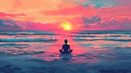 A person meditates on a serene beach during a colorful sunset, reflecting tranquility and inner peace against the dawn horizon.