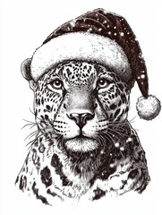 Black and white Vintage engraved art of a full-body jaguar wearing a Christmas Santa hat, isolated on white background, ink sketch illustration, simple vector art design, highly detailed line art