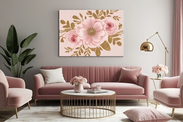 Luxurious Floral Canvas Art in Blush Pink and Gold for Elegant Home Decor
