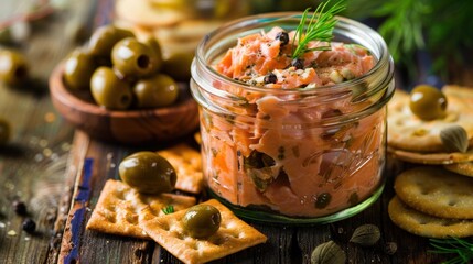 Smoked Salmon Mousse with Crackers and Olives
