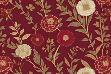 Vibrant Red and Gold Floral Nature-Inspired Wallpaper Design