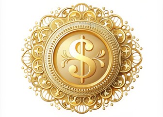 Fototapeta premium A shiny gold dollar sign symbol surrounded by ornate circular filigree patterns and subtle gradient effects, isolated