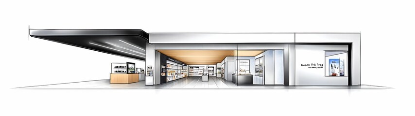 Hand-drawn Sketch of a Charming Duty-Free Shop with Souvenirs, Ideal for Text Overlay.